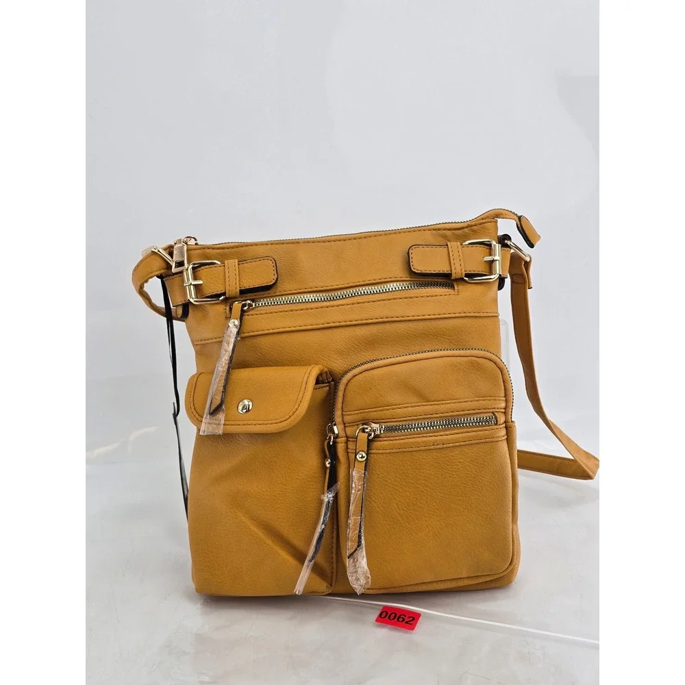 SUGU AM4181 Vegan Leather Crossbody Bag Mustard Yellow Medium Multi Pocket - NEW